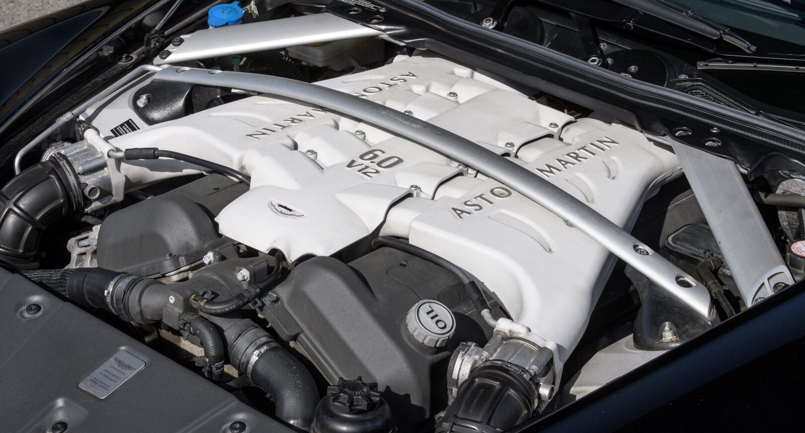 Photo showing the engine of a 2013 Aston Martin V12 Vantage