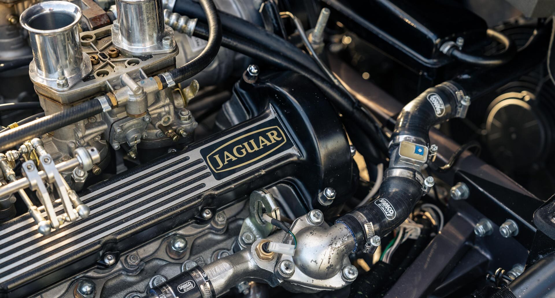 Photo showing engine of classic Jaguar V12 E Type Roadster